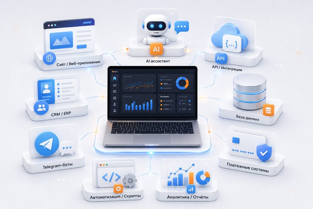 Что мы разрабатываем — сайты, AI-ассистенты, CRM, интеграции, боты, платежи, аналитика